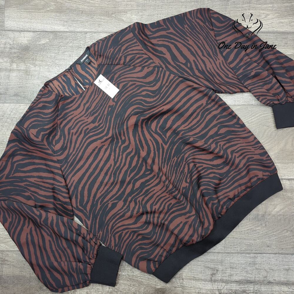 Express Zebra Print Shoulder Pad Long Sleeve Blouse Brown Black NWT Size M